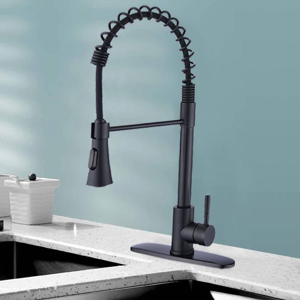Matte Black Stainless Steel Pull-Down Kitchen Faucet with Deck Plate