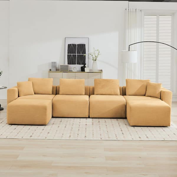 143.7 in. Width Square Arm Corduroy Fabric U-Shaped Sectional Sofa with 2-Ottomans in Yellow