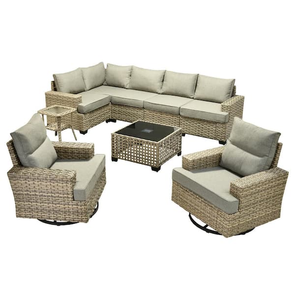 Tiberty Gray 9-Piece Wicker Patio Conversation Seating Set with Dark Gray Cushions and Swivel Chairs