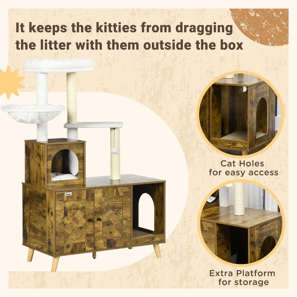 Rustic Brown Wooden Cat Tree with Litter Box Enclosure and Sisal Posts
