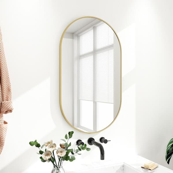 GLSLAND 22 in. W x 38 in. H Oval Metal Framed Wall Bathroom Vanity Mirror Gold