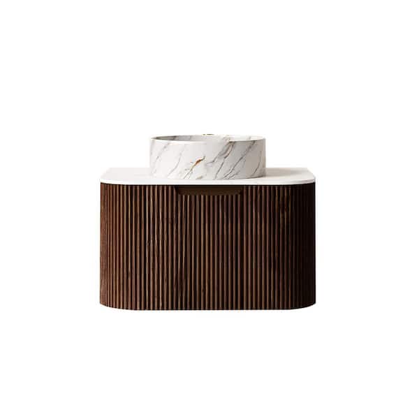24 in. Wall-Mounted Walnut Bath Vanity with White Cultured Marble Top Assembled