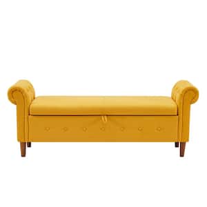 22 in. Bedroom Bench Rectangular Linen Upholstered Flip Top Bench with Large Space Saving Storage Yellow