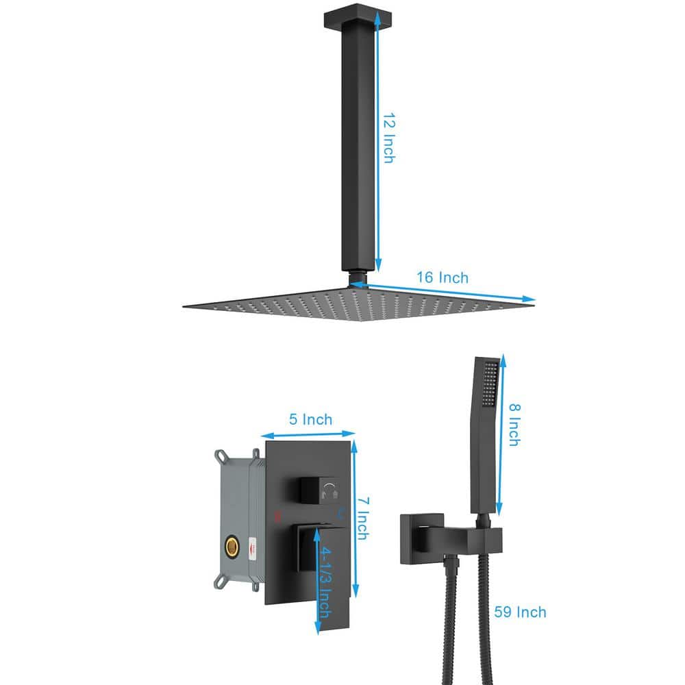 Large Black Matte Dual Square Ceiling Rainfall Shower System