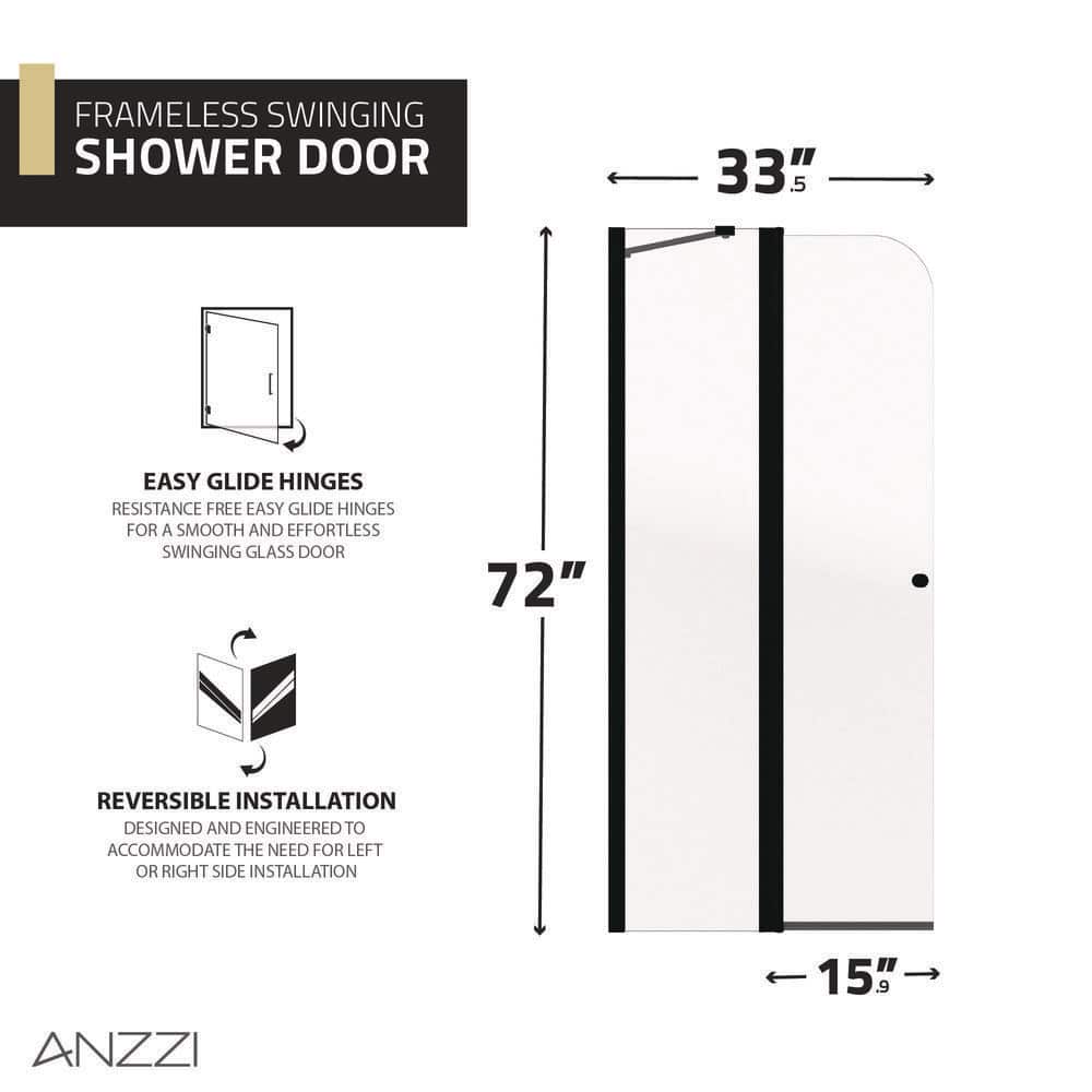 Matte Black Frameless Swinging Shower Door with Clear Glass