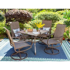 Brown 5-Piece Metal Square Patio Outdoor Dining Set with Wood-Look Table and Textilene Swivel Chairs