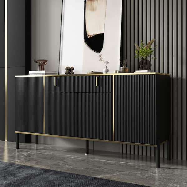 FUFU&GAGA Black Wavy Paint Finish 1-Touch Doors Accent Storage Cabinet With Adjustable Shelves and 2-Drawers