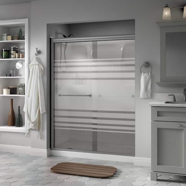 Delta Everly Traditional 50-1/8 to 59-3/8 in. W x 70 in. H Semi-Frameless Sliding Shower Door in Nickel, Transition Glass