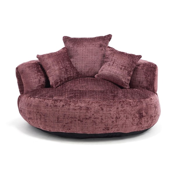Modern Comfy Wine Red Chenille Upholstery Bean Bag Round Accent Arm Chair