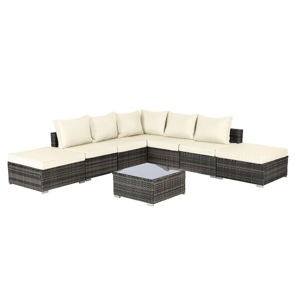 8-Piece Wicker Outdoor Sectional Sofa Set with Beige Cushions, Coffee Table and Ottoman