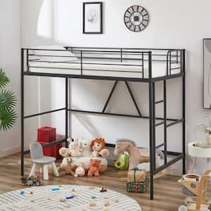 Twin Size Loft Bed, Black Metal Bedframe with Removable Ladder and Safety Guardrail, No Box Spring Needed, Space Saving