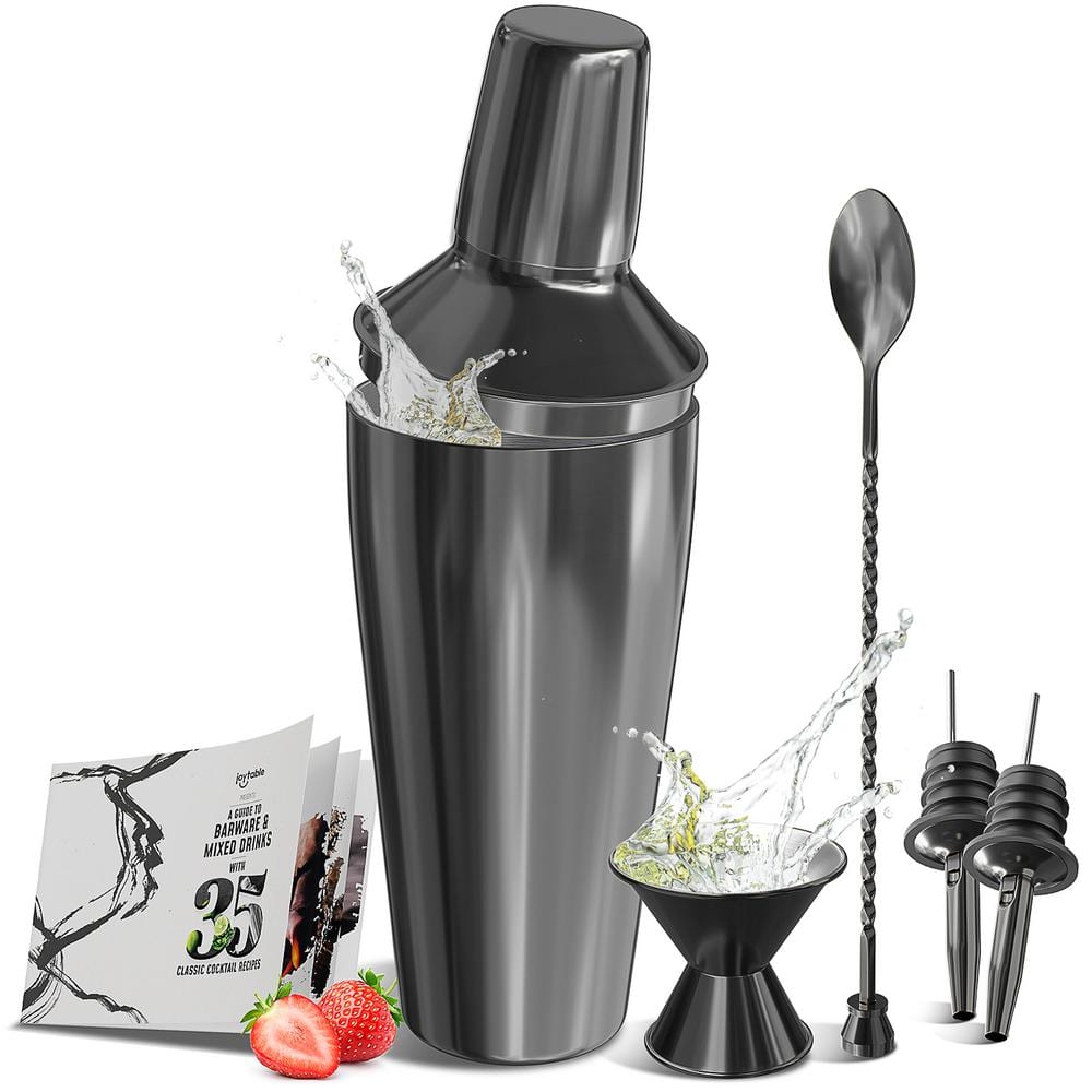 Set Shaker Cocktail 8 Pezzi Nero Opaco Con Supporto Legno – Kit Barman Completo Per Martini E Long Drink, Regalo Per Appassionati