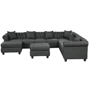 Corner Sectional 132 in.W Rolled Arms 4-Piece Linen U Shape Sectional Sofa in. Grey with Ottoman