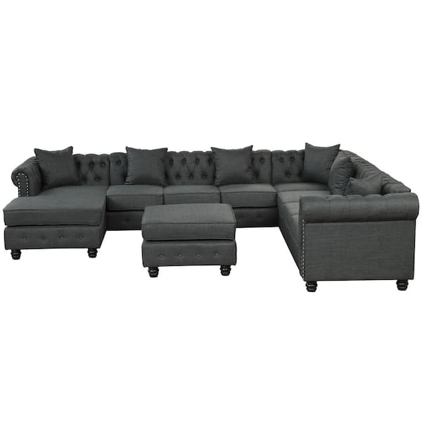 Morden Fort Corner Sectional 132 in.W Rolled Arms 4-Piece Linen U Shape Sectional Sofa in. Grey with Ottoman
