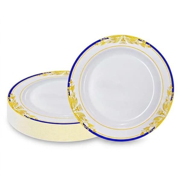 10.25 in. Disposable Plastic Dinner Plates with Blue and Gold Rim for Party Wedding 25-Pack Party, 25Pcs