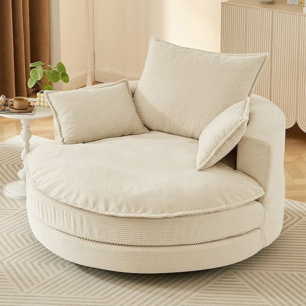 Beige Corduroy 360° Swivel Sofa Chair Accent Barrel Chair with Dual-Layer Cushion Design