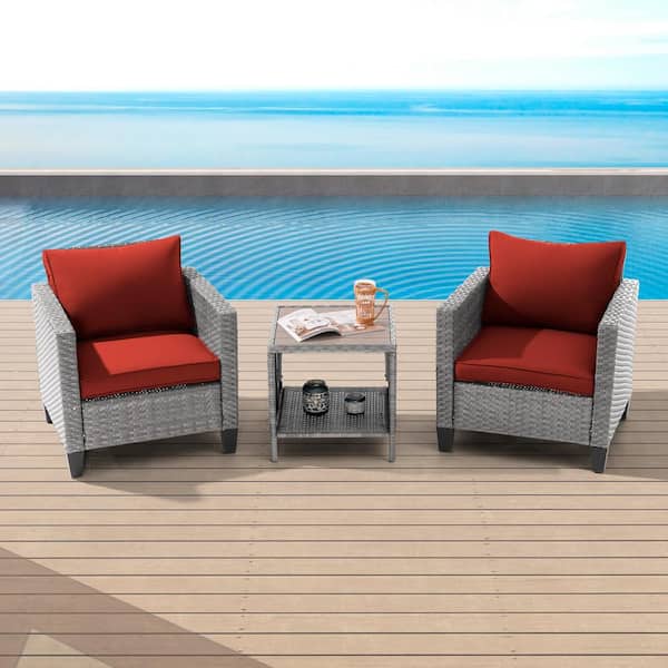 Sonkuki 3-Piece Gray Wicker Patio Outdoor Single Sofa Set Set with Side Table Rust Red Cushion