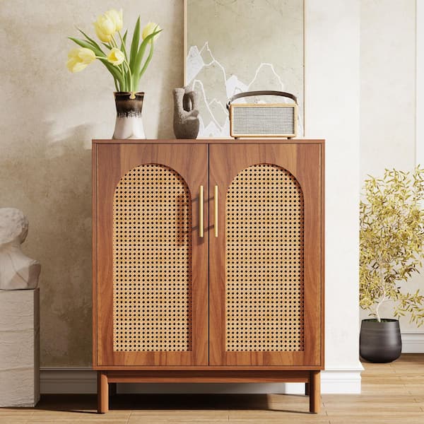 Ahlivia Brown Particle Board Wood 59.4 in. Buffet Cabinet Large Sideboard 4-Doors Shelves Rattan Dining Table Seat 4