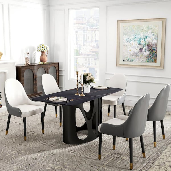63 in. Black Rectangle Round Edge Sintered Stone Top Pedestal Black Metal Base Dining Table (Seats-6)
