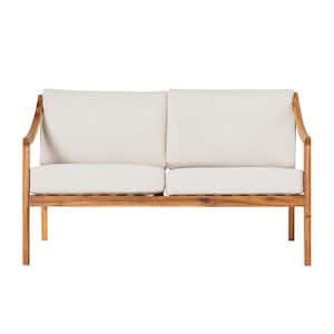 Natural Slat-Back Wood Modern Outdoor Loveseat with Bisque Cushions