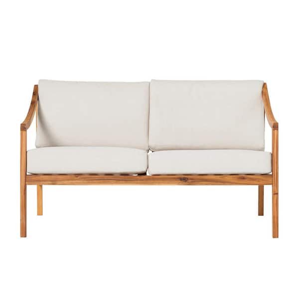 Welwick Designs Natural Slat-Back Wood Modern Outdoor Loveseat with Bisque Cushions