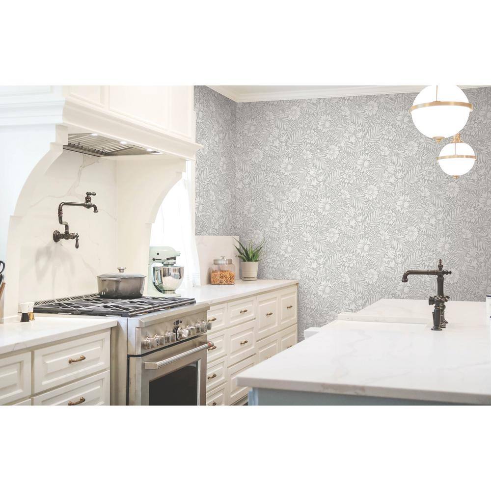 Mist Gray Floral Peel and Stick Vinyl Wallpaper