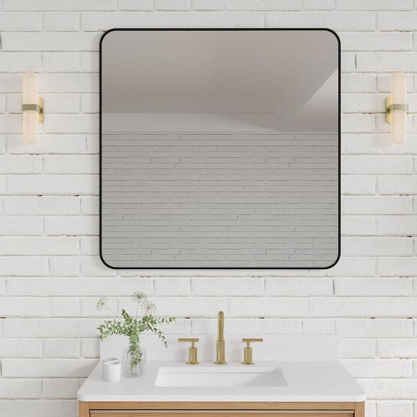 ANGELES HOME 36 in. W x 36 in. H Square Anodized Aluminum Framed Wall Bathroom Vanity Mirror in Matte Black