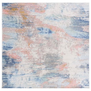 Skyler Collection Beige Blue/Pink 7 ft. x 7 ft. Abstract Striped Square Area Rug