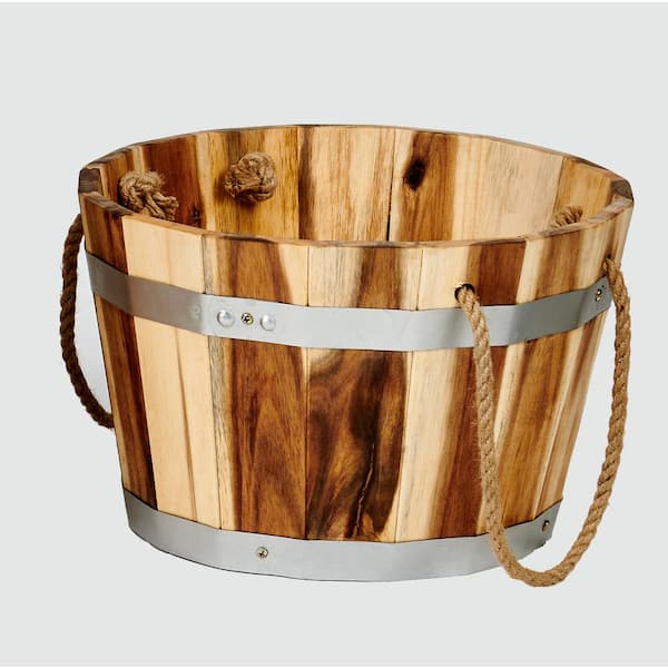 Unbranded 10 in. Natural Acacia Wood Barrel Planter with Rope Handles