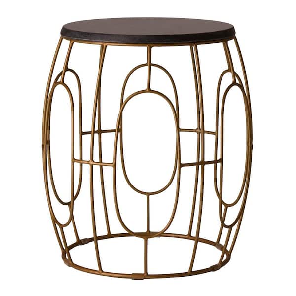 Emissary Oto Gold Metal Outdoor Stool/Side Table with Black Granite Top
