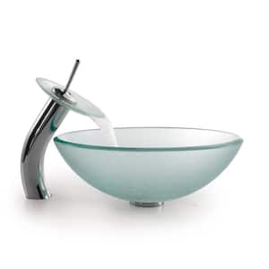 Frosted Glass Vessel Sink in Clear with Single Hole Single-Handle Low-Arc Waterfall Faucet in Chrome