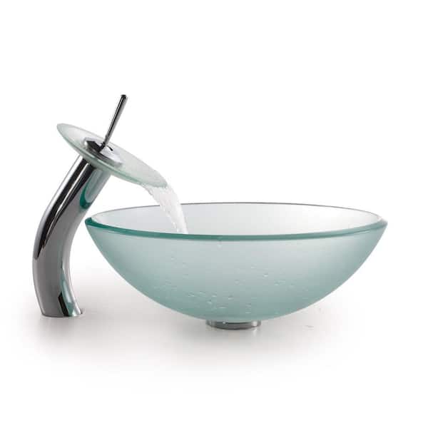 KRAUS Frosted Glass Vessel Sink in Clear with Single Hole Single-Handle Low-Arc Waterfall Faucet in Chrome