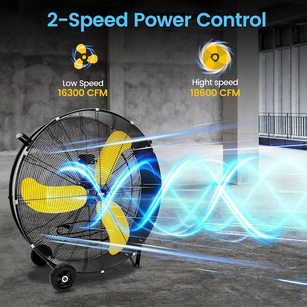 39 in. 2-Speeds High Velocity Drum Fan in Black with Powerful 3/5 HP Motor, Handle, Wheels, for Commercial or Industrial