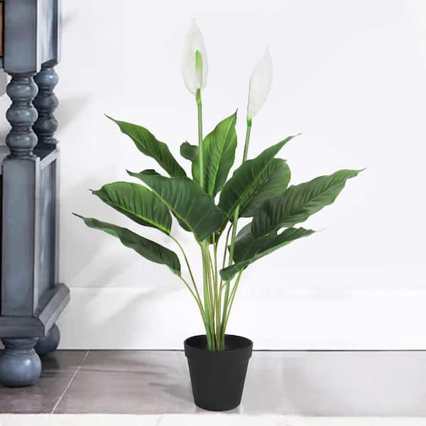 LIVING LUXURY 28 in. Real Touch White Artificial Peace Lily Plant Spathiphyllum in Pot