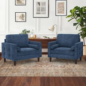 Loyo Mid Century Blue Chenille Fabric Upholstered Accent Chair Solid Wood Frame Button Tufted Armchair Set of 2