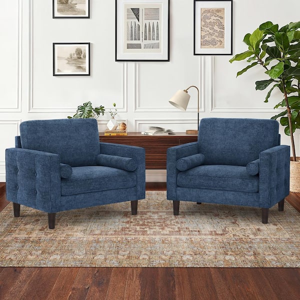 LUE BONA Loyo Mid Century Blue Chenille Fabric Upholstered Accent Chair Solid Wood Frame Button Tufted Armchair Set of 2