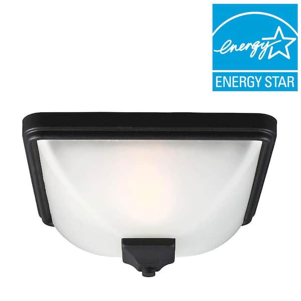 Generation Lighting Irving Park 1-Light Outdoor Black Fluorescent Ceiling Flushmount with Satin Etched Glass