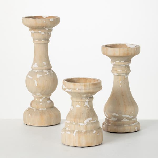 SULLIVANS 6 in, 8.75 in and 11 in. Weathered Wood Pillar Candle Holders (Set of 3)