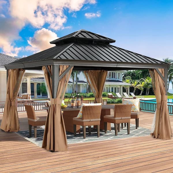 10 ft. x 10 ft. Khaki Hardtop Patio Gazebo Galvanized Steel Double Roof Aluminum Pavilion with Netting and Curtain