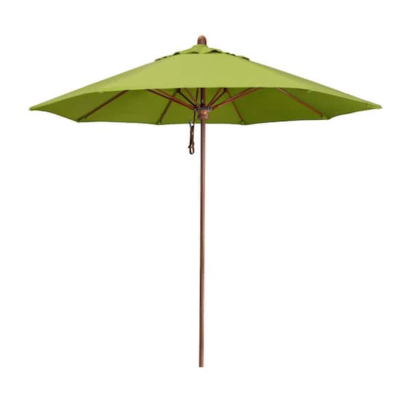 California Umbrella 9 ft. Woodgrain Aluminum Commercial Market Patio Umbrella Fiberglass Ribs and Pulley Lift in Macaw Sunbrella