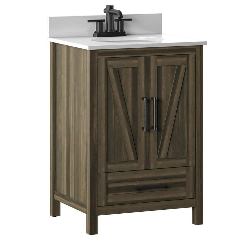 Twin Star Home Rustic 24 in. Bath Vanity in Rustic Canyon Lake Pine with Vanity Top White Stone and Basin