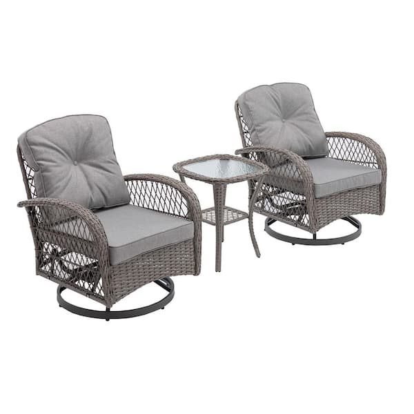 Angel Sar 3-Piece Wicker Patio Conversation Set with 360-Degree Swivel Rocker Chairs, Glass Coffee Table and Gray Cushions