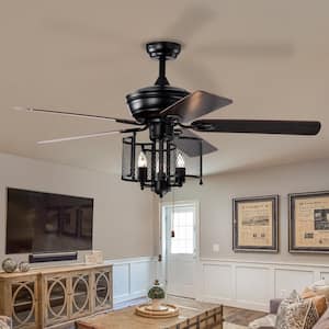 52 in. Farmhouse Indoor Matte Black Dual Finish Blades 3-Speeds Ceiling Fan with Light and Hand Pull Chain