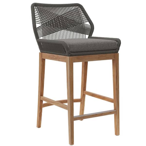 MODWAY Wellspring Teak Wood Outdoor Bar Stool Patio with Cushion in Gray Graphite