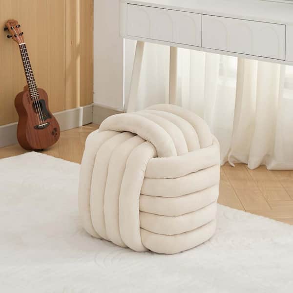 Unbranded 19.3 in. Beige Square Soft Chenille Fabric Pouf Upholstered Ottoman Footstool for Living Room, Bedroom