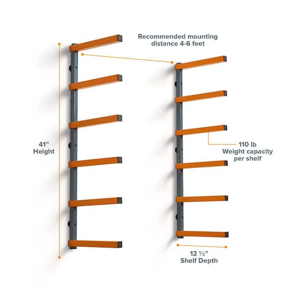 Portamate 6-Shelf Wall Mount Lumber Storage Rack, Orange