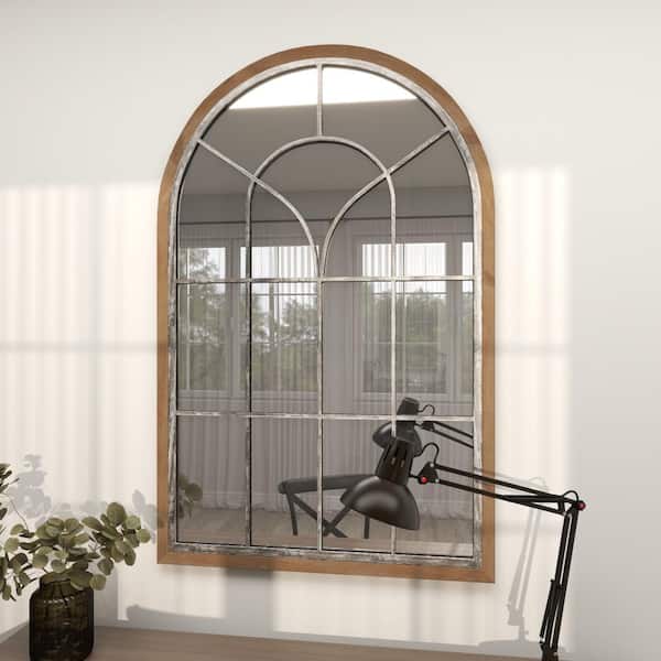 Litton Lane 51 in. x 33 in. Window Pane Inspired Arched Framed Brown Wall Mirror with Arched Top