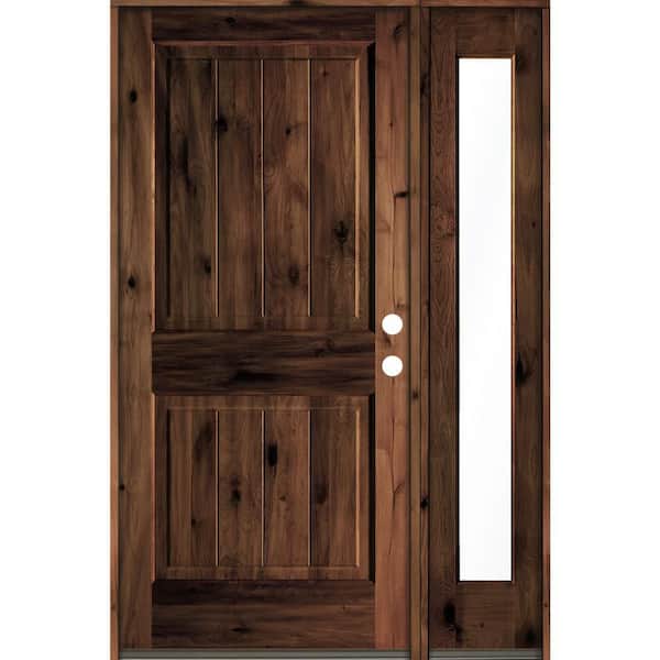 Krosswood Doors 50 in. x 80 in. Knotty Alder Square Top Left-Hand/Inswing Clear Glass Red Mahogany Stain Wood Prehung Front Door w/RFSL