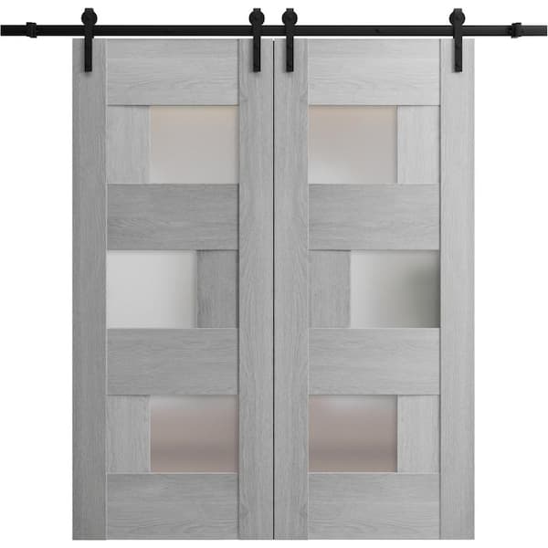 VDOMDOORS 18 in. x 80 in. 2 Panel Frosted Glass Light Grey Oak Solid Wood Sliding Barn Door with Hardware Kit