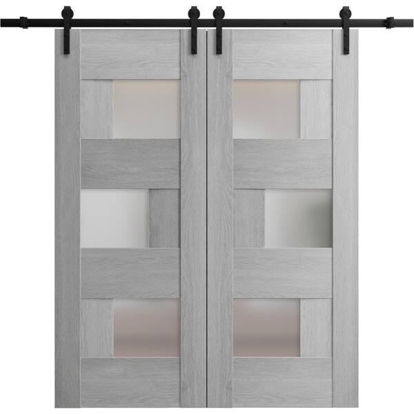 VDOMDOORS 18 in. x 96 in. 2 Panel Frosted Glass Light Grey Oak Solid MDF Sliding Barn Door with Hardware Kit